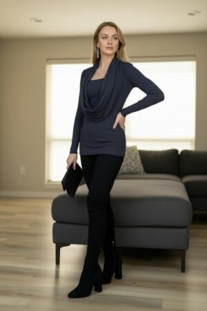 Steel gray long-sleeve sweater knit tunic top built-in cowl neck insert.