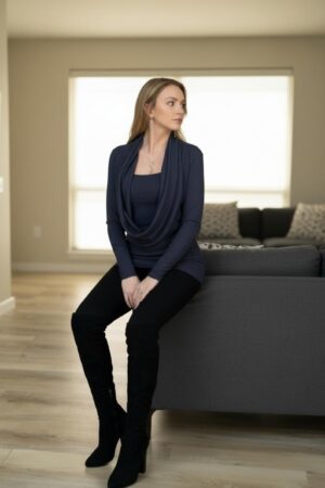 Steel gray long-sleeve sweater knit tunic top built-in cowl neck insert.