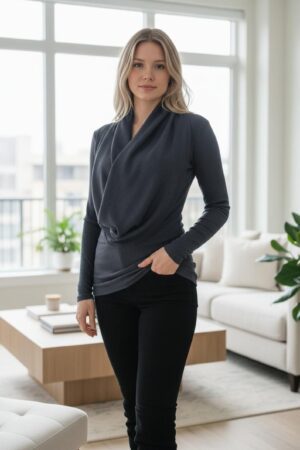 Steel gray long-sleeve sweater knit tunic top built-in cowl neck insert.