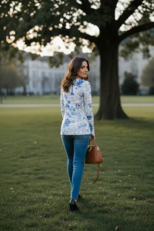 Cowl neck ribbed blue and white Paris sketchbook print long-sleeve tunic top.