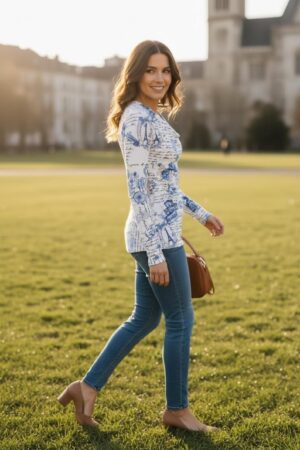 Cowl neck ribbed blue and white Paris sketchbook print long-sleeve tunic top.