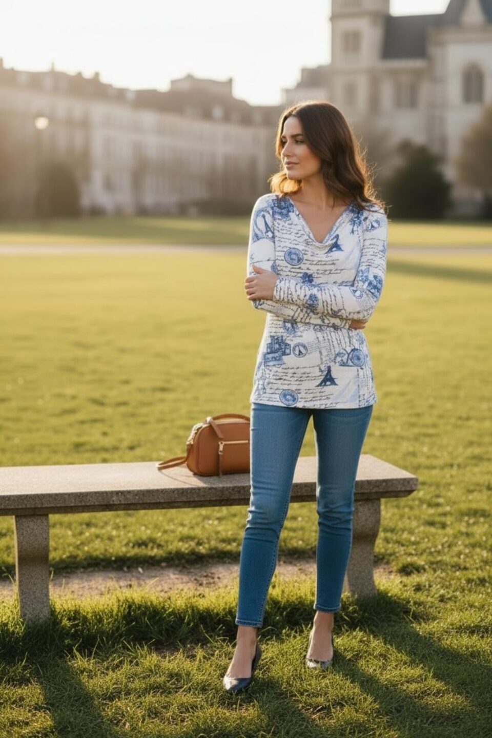 Cowl neck ribbed blue and white Paris sketchbook print long-sleeve tunic top.