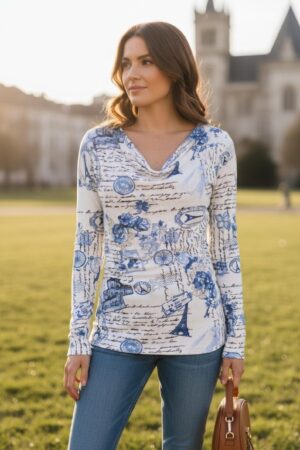 Cowl neck ribbed blue and white Paris sketchbook print long-sleeve tunic top.