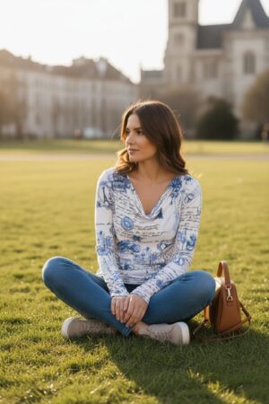 Cowl neck ribbed blue and white Paris sketchbook print long-sleeve tunic top.