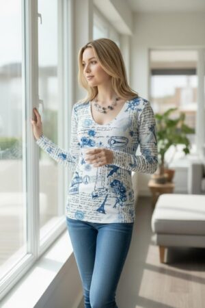Long-sleeve ribbed round-neck tunic top with blue and white Paris sketchbook print.