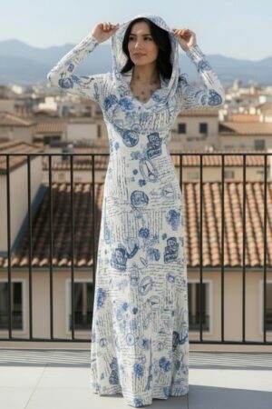 Long-sleeve hooded cowl neck white and blue Paris print maxi dress.