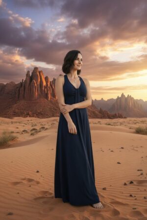 Flowy and breathable bamboo sleeveless maxi cocktail dress in navy blue, with draping detail flowing from the plunging neckline down through the bust.