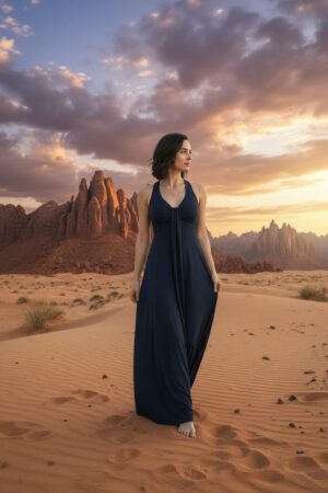 Flowy and breathable bamboo sleeveless maxi cocktail dress in navy blue, with draping detail flowing from the plunging neckline down through the bust.