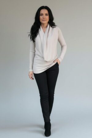 Creamy gray ribbed cowl neck long-sleeve viscose blend sweater.