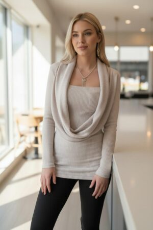 Creamy gray ribbed cowl neck long-sleeve viscose blend sweater.