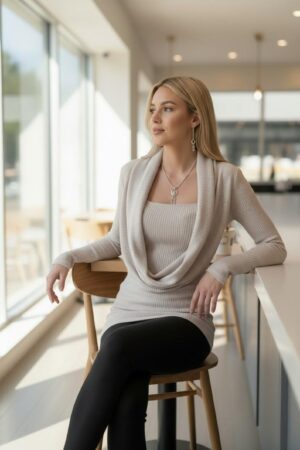 Creamy gray ribbed cowl neck long-sleeve viscose blend sweater.