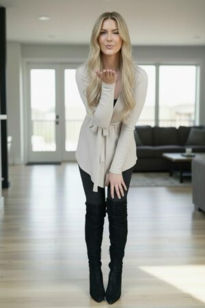 Creamy gray long-sleeved ribbed cardigan in soft stretchy viscose/spandex blend with long tie under bust.