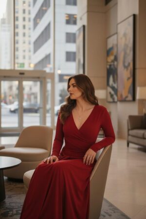 Scarlet red reversible long-sleeve maxi wrap dress.