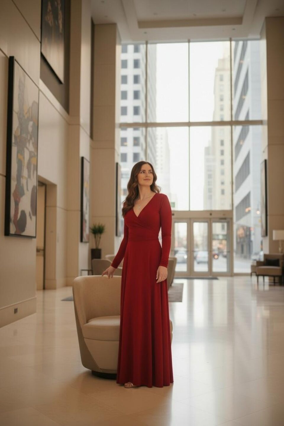 Scarlet red reversible long-sleeve maxi wrap dress.