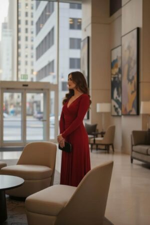 Scarlet red reversible long-sleeve maxi wrap dress.