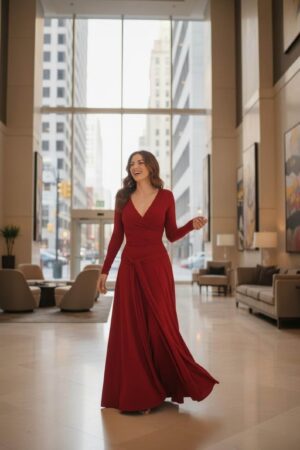 Scarlet red reversible long-sleeve maxi wrap dress.