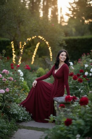 Scarlet red reversible long-sleeve maxi wrap dress.