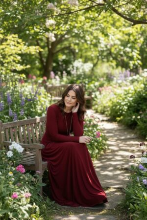 Scarlet red reversible long-sleeve maxi wrap dress.
