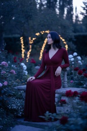 Scarlet red reversible long-sleeve maxi wrap dress.