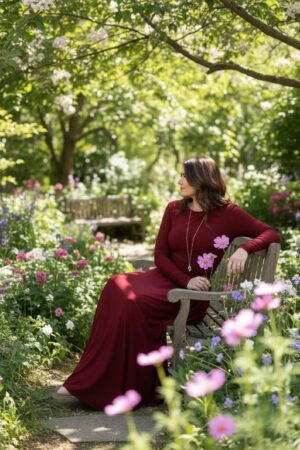 Scarlet red reversible long-sleeve maxi wrap dress.