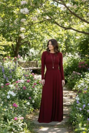 Scarlet red reversible long-sleeve maxi wrap dress.