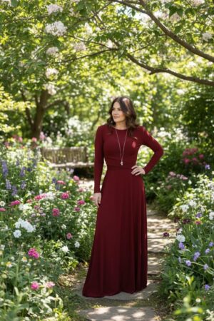 Scarlet red reversible long-sleeve maxi wrap dress.