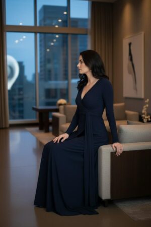 Maxi navy blue long-sleeve infinity fitted wrap dress, reversible with v-neck or boat neck options, and provided with long waist ties.