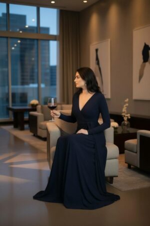 Maxi navy blue long-sleeve infinity fitted wrap dress, reversible with v-neck or boat neck options, and provided with long waist ties.