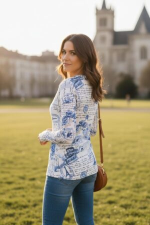 Cowl neck ribbed blue and white Paris sketchbook print long-sleeve tunic top.