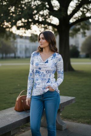 Cowl neck ribbed blue and white Paris sketchbook print long-sleeve tunic top.