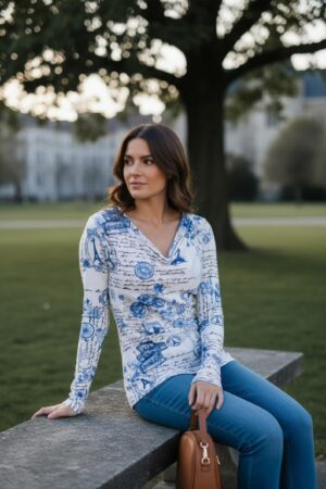 Cowl neck ribbed blue and white Paris sketchbook print long-sleeve tunic top.