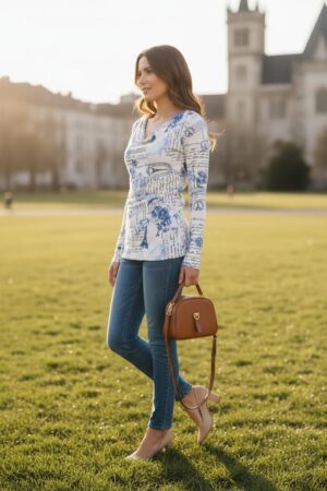 Cowl neck ribbed blue and white Paris sketchbook print long-sleeve tunic top.
