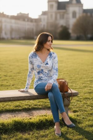 Cowl neck ribbed blue and white Paris sketchbook print long-sleeve tunic top.