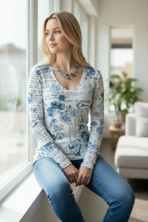Long-sleeve ribbed round-neck tunic top with blue and white Paris sketchbook print.