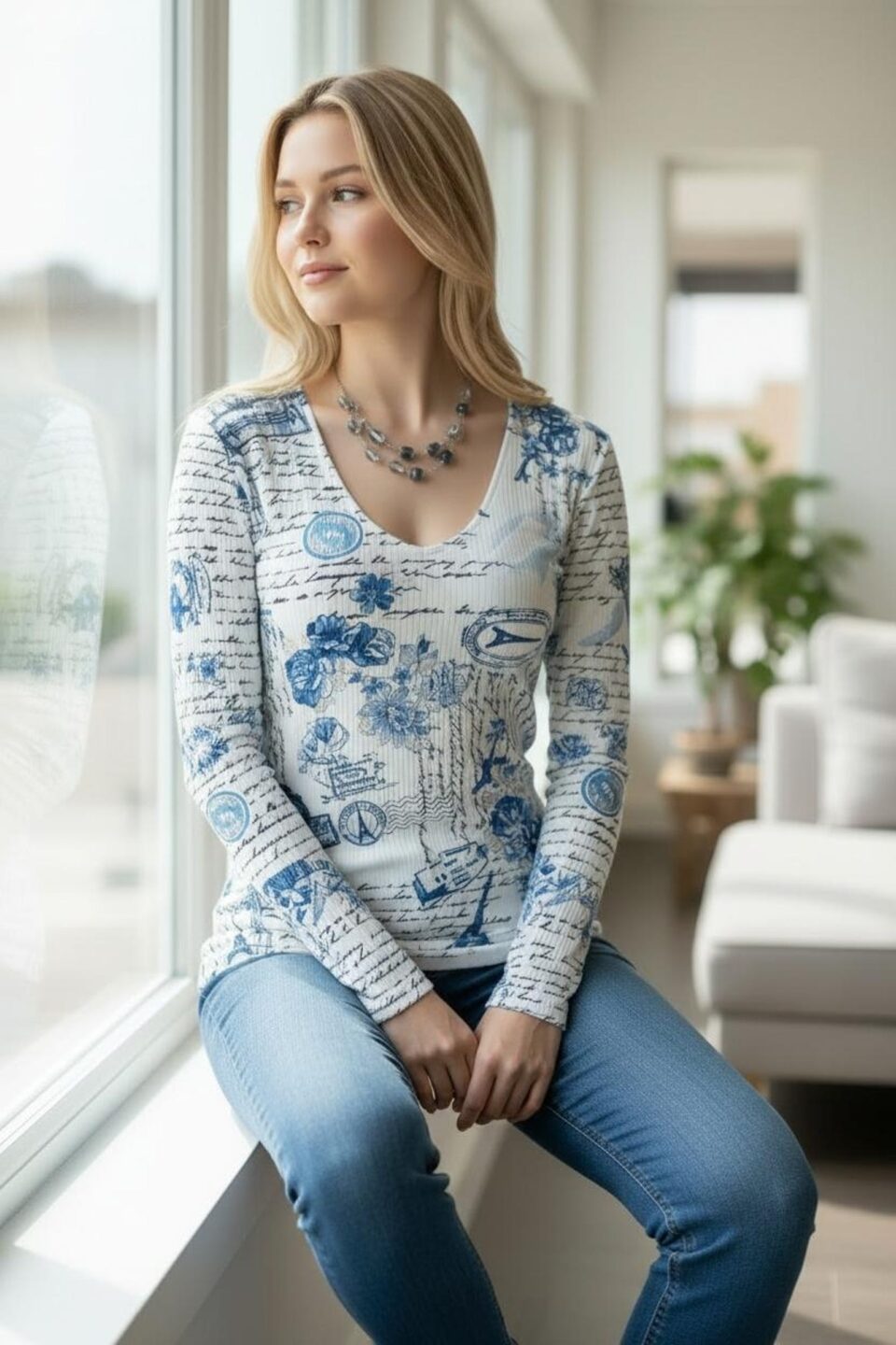 Long-Sleeve Ribbed Round-Neck Tunic Top
