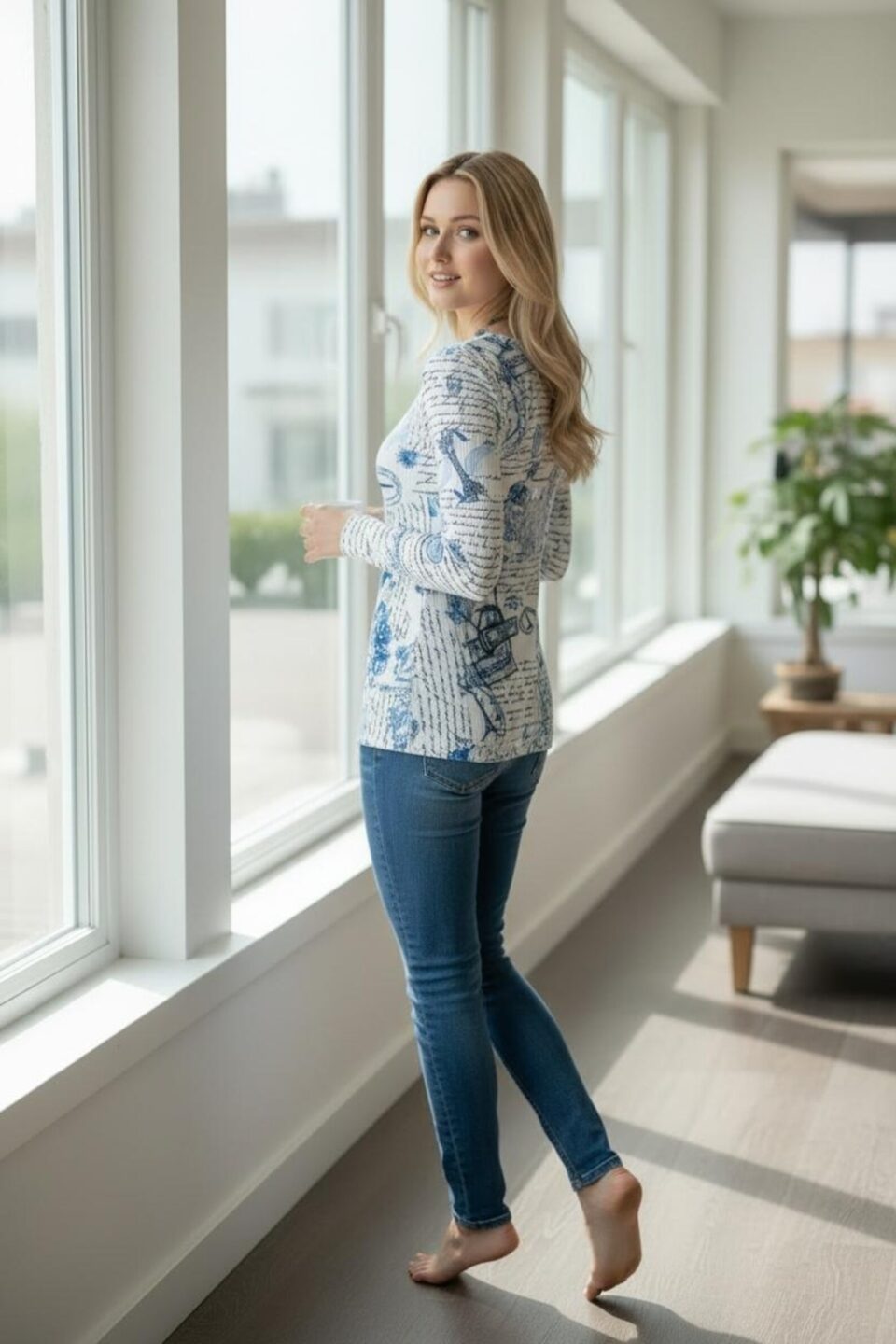 Long-sleeve ribbed round-neck tunic top with blue and white Paris sketchbook print.