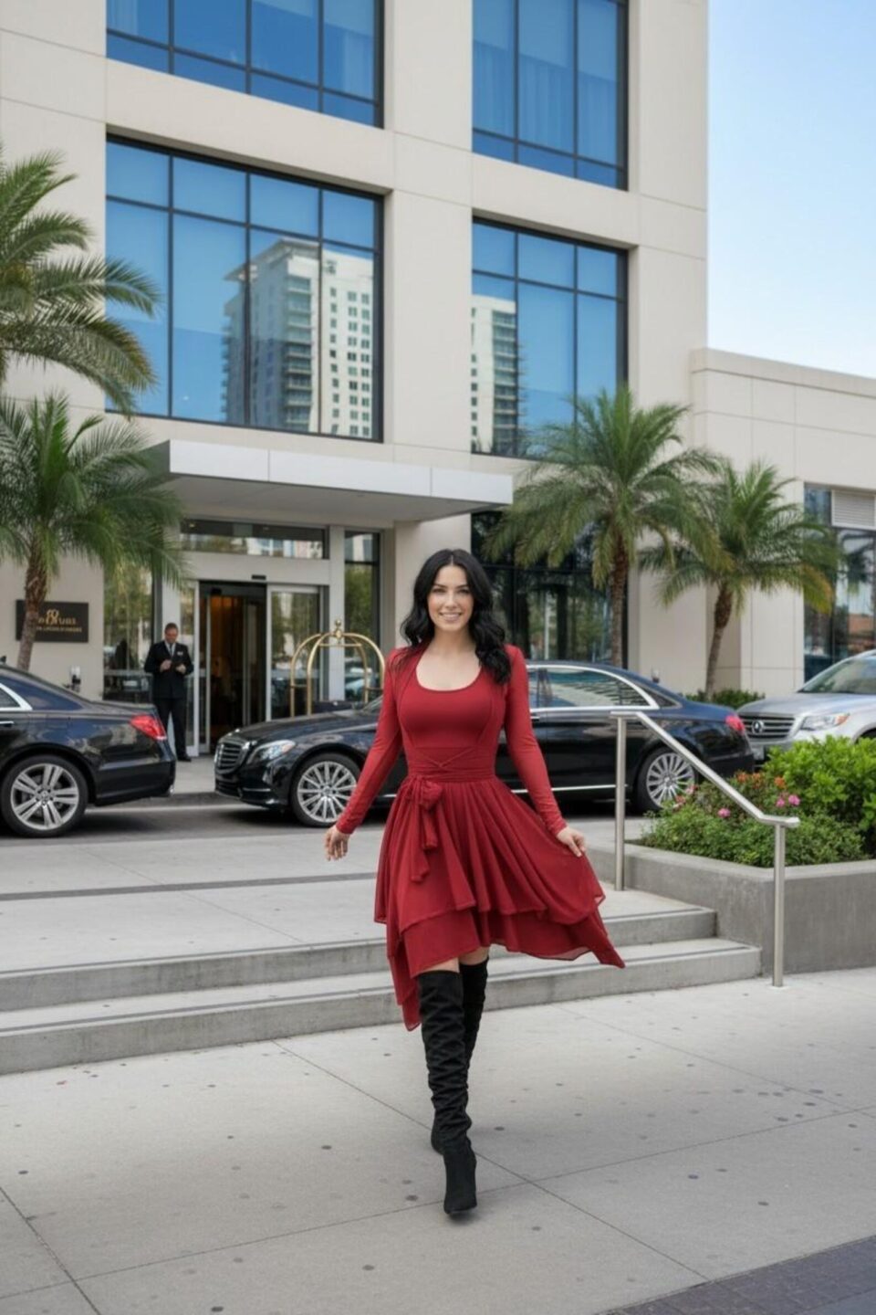 Scarlet red short tissue hem dress with sash; jacket sold separately.
