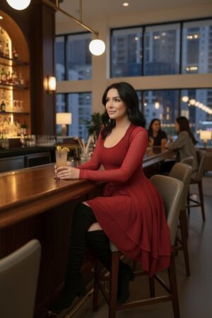 Scarlet red short tissue hem dress with sash; jacket sold separately.
