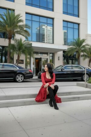 Scarlet red short tissue hem dress with sash; jacket sold separately.