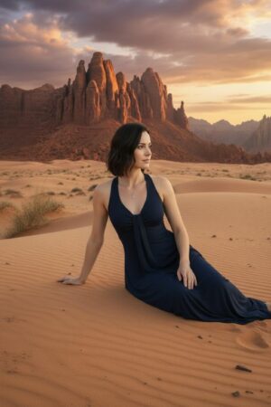 Flowy and breathable bamboo sleeveless maxi cocktail dress in navy blue, with draping detail flowing from the plunging neckline down through the bust.