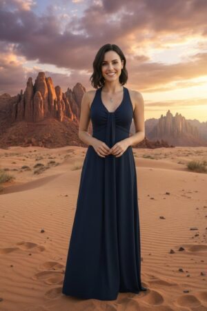 Flowy and breathable bamboo sleeveless maxi cocktail dress in navy blue, with draping detail flowing from the plunging neckline down through the bust.