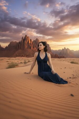 Flowy and breathable bamboo sleeveless maxi cocktail dress in navy blue, with draping detail flowing from the plunging neckline down through the bust.