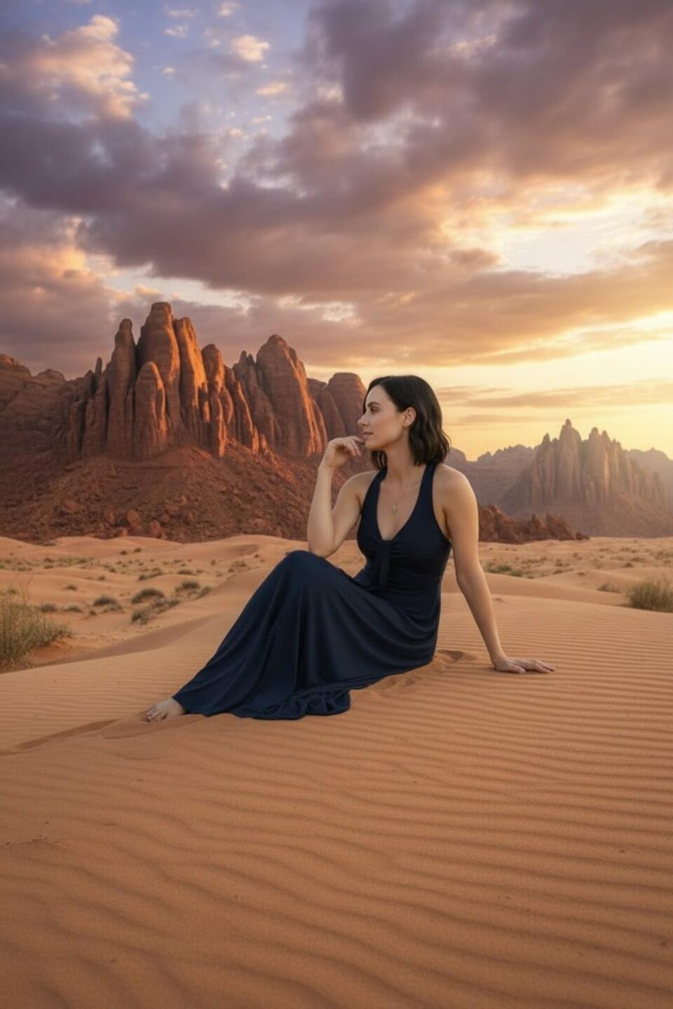 Flowy and breathable bamboo sleeveless maxi cocktail dress in navy blue, with draping detail flowing from the plunging neckline down through the bust.