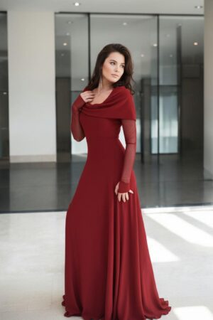 Scarlet red hooded cowl neck maxi dress with mesh sleeves and finger cutouts.