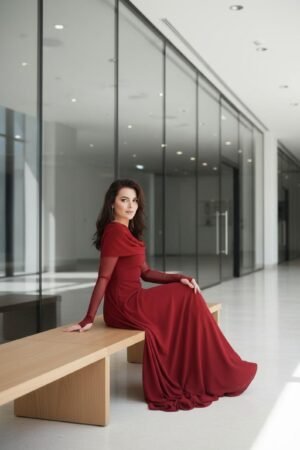 Scarlet red hooded cowl neck maxi dress with mesh sleeves and finger cutouts.