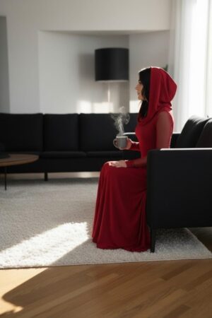 Scarlet red hooded cowl neck maxi dress with mesh sleeves and finger cutouts.