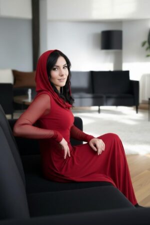 Scarlet red hooded cowl neck maxi dress with mesh sleeves and finger cutouts.