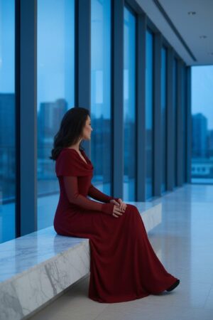 Scarlet red hooded cowl neck maxi dress with mesh sleeves and finger cutouts.