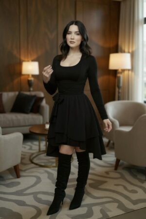 Two piece black sleeveless tissue hem short dress with long-sleeve jacket and sash.