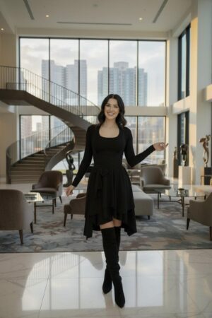 Two piece black sleeveless tissue hem short dress with long-sleeve jacket and sash.
